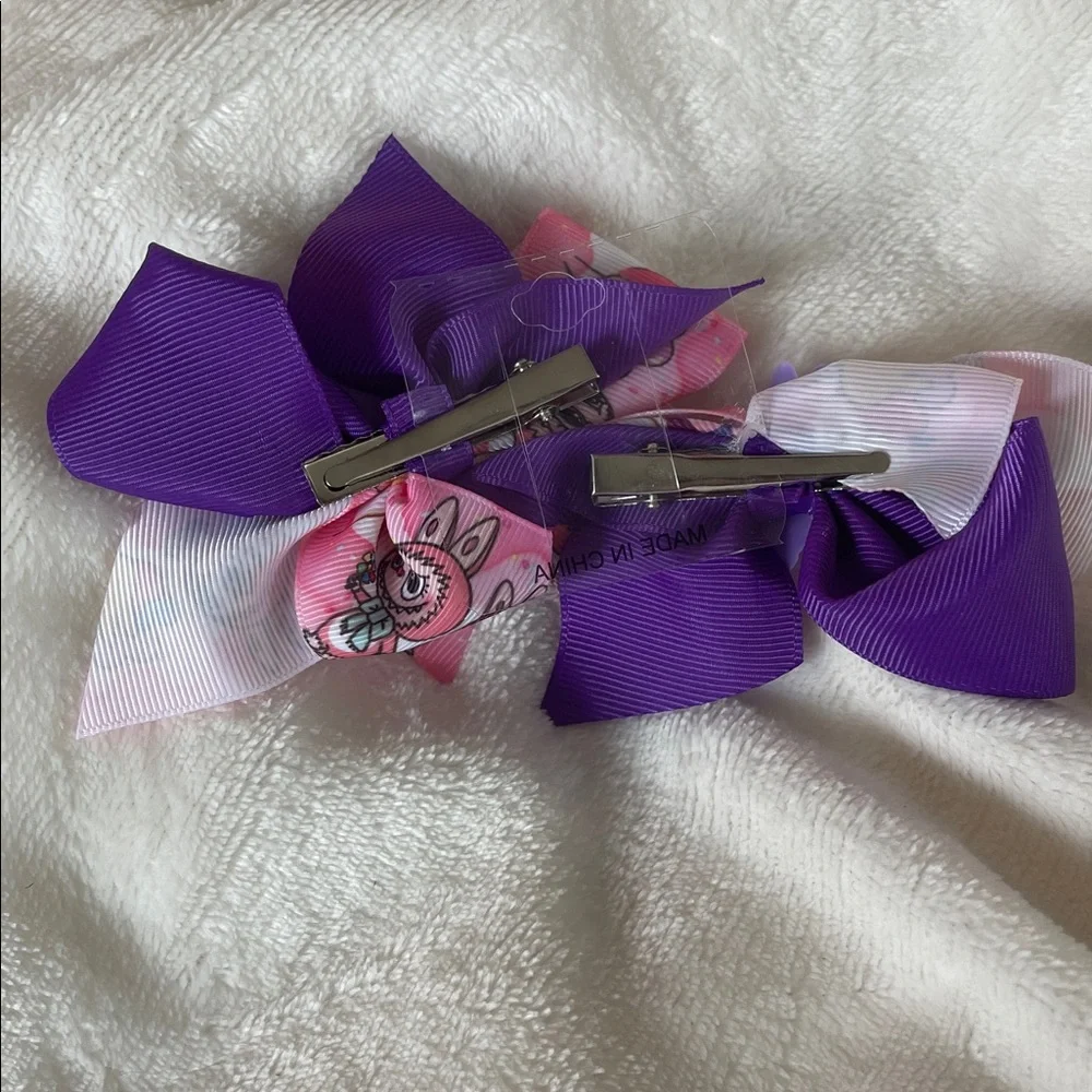 Purple and Pink Cartoon Labubu Monster Character set of two Hair Bows nwt